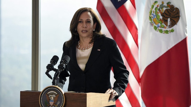 US Vice President Kamala Harris speaks during a press conference in Mexico City, on June 8, 2021. - US Vice President Kamala Harris held talks with Mexican President Andres Manuel Lopez Obrador Tuesday during a visit to the region aimed at tackling the "root causes" of a surge in migrant arrivals.