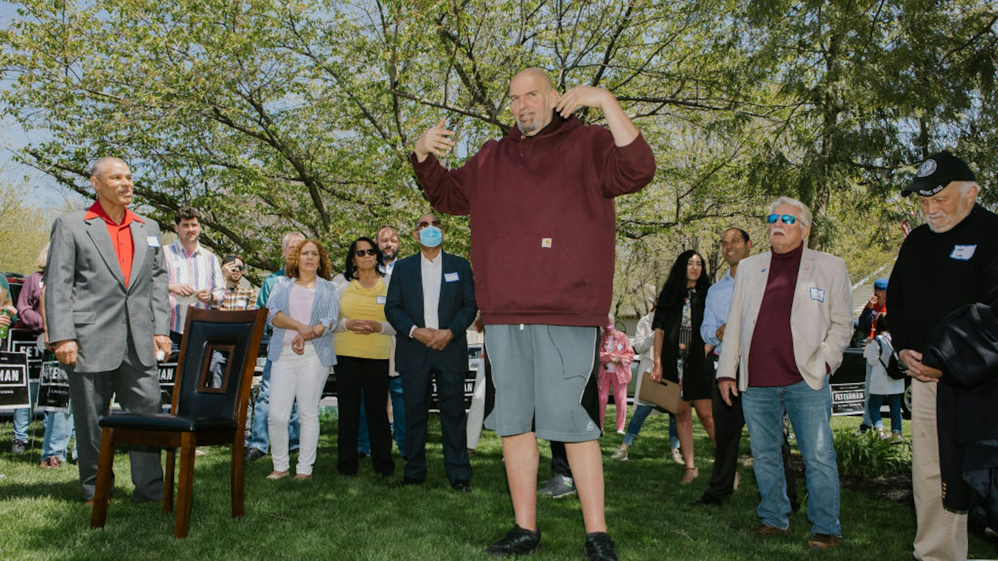 John Fetterman, lieutenant governor of Pennsylvania and Democratic senate candidate, center, speaks during a campaign event in Lebanon, Pennsylvania, U.S., on Saturday, April 30, 2022. Fetterman, the only candidate who has run statewide, leads the Democratic field with 33% in an Emerson College poll last month. Photographer: