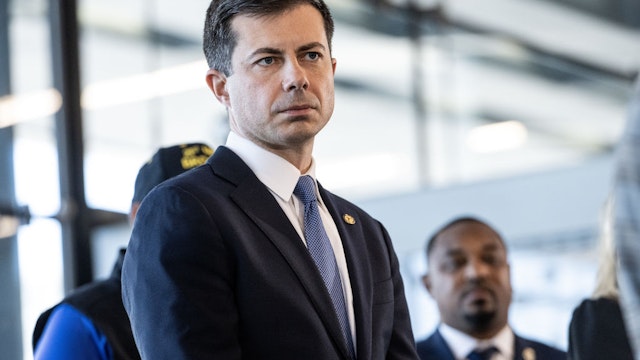 Pete Buttigieg, US transportation secretary, during an announcement at O'Hare International Airport in Chicago, Illinois, US, on Monday, Nov. 21, 2022. Chicago Mayor Lori Lightfoot spearheaded a letter to Buttigieg and Federal Railroad Administration administrator Amit Bose to support Amtrak's proposed $850 million Chicago Hub Improvement Program (CHIP). Photographer: Christopher Dilts/Bloomberg via Getty Images