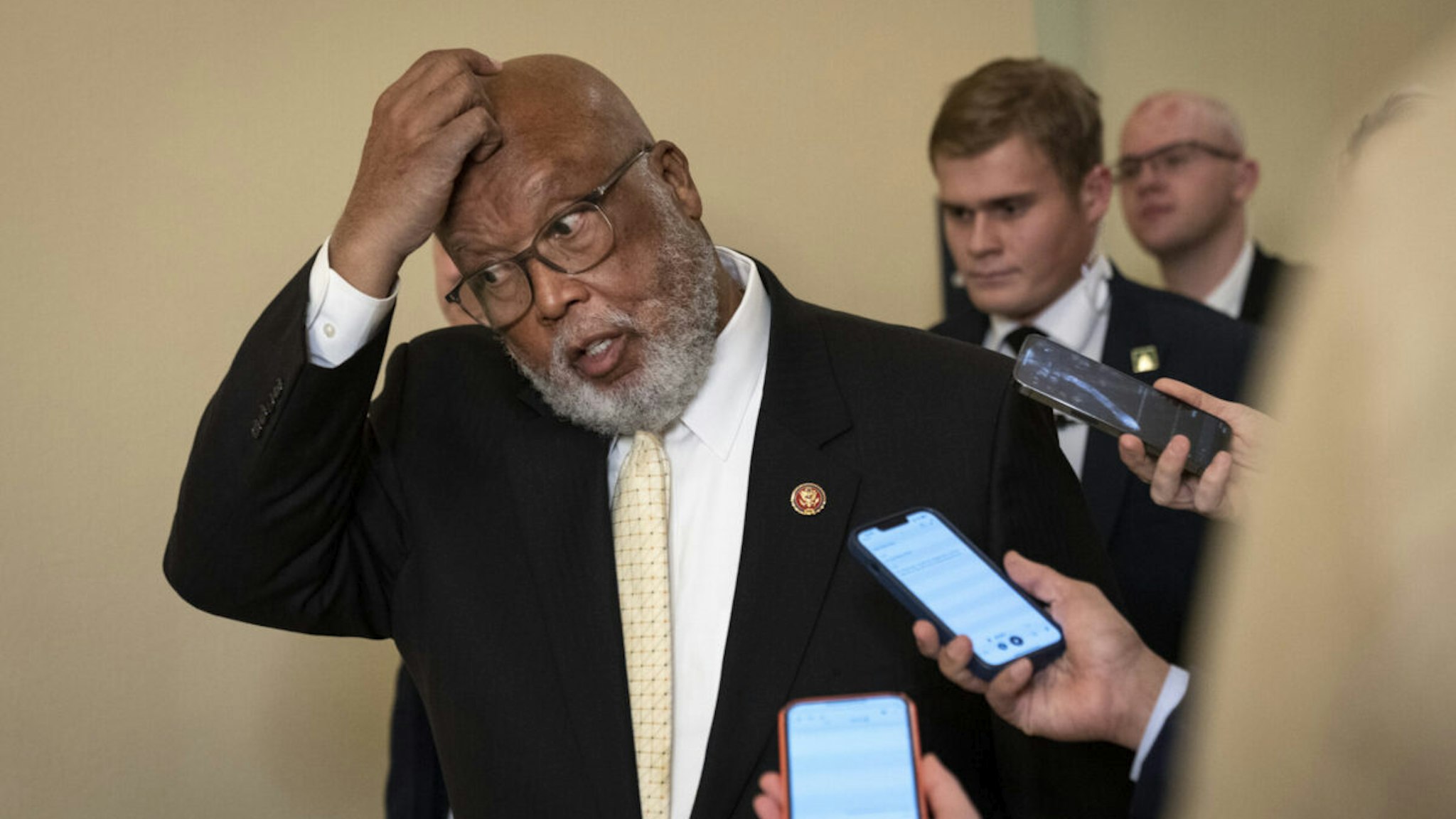 Committee Chairman Rep. Bennie Thompson (D-MS) speaks briefly to reporters as he arrives for the final meeting of the House Select Committee to Investigate the January 6 Attack on the U.S. Capitol in the Canon House Office Building on Capitol Hill on December 19, 2022 in Washington, DC.