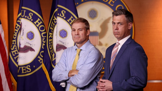 ep. Jim Jordan (R-OH) and Rep. Jim Banks (R-IN) attend a news conference on House Speaker Nancy Pelosi’s decision to reject two of Leader McCarthy’s selected members from serving on the committee investigating the January 6th riots on July 21, 2021 in Washington, DC.