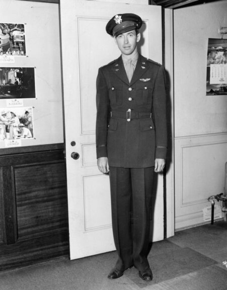 Portrait of American actor lieutenant colonel James Stewart (1908  - 1997), 1944. He had just been named chief of staff of a Liberator bomber combat wing, and recently had been awarded both the Oak Leaf Cluster and the Distinguished Flying Cross for his service. (Photo by US Army/PhotoQuest/Getty Images)