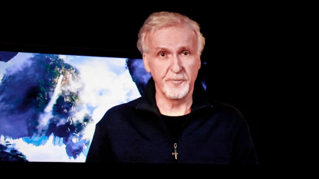 LAS VEGAS, NEVADA - APRIL 27: Filmmaker James Cameron speaks via video message during CinemaCon 2022 - The Walt Disney Studios Motion Pictures Presentation at The Colosseum at Caesars Palace during CinemaCon, the official convention of the National Association of Theatre Owners, on April 27, 2022 in Las Vegas, Nevada. (Photo by Frazer Harrison/Getty Images for for CinemaCon)