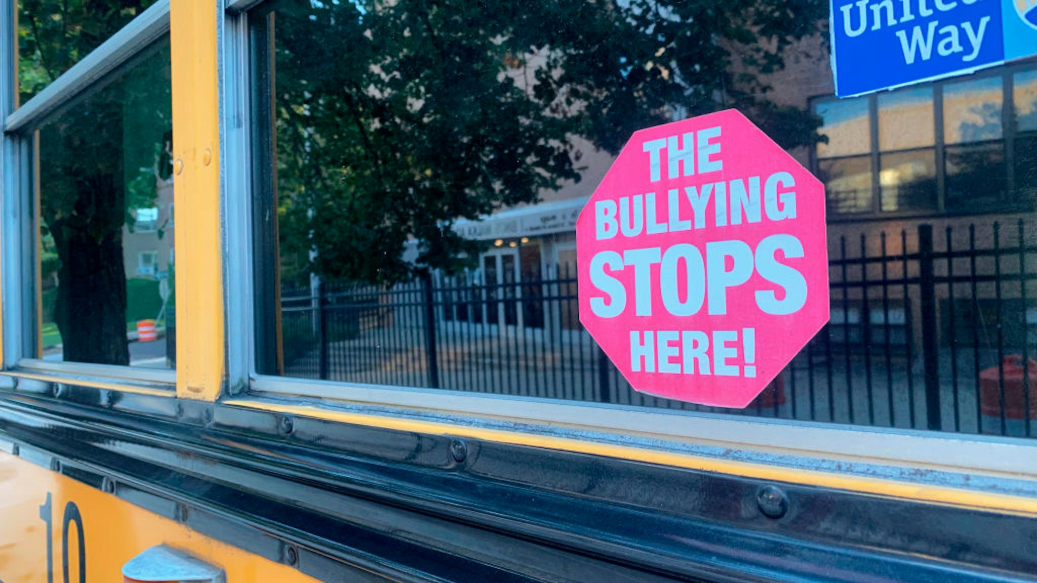 The Bullying Stops Here sign on School Bus, Queens, New York. (Photo by: Lindsey Nicholson/UCG/Universal Images Group via Getty Images)