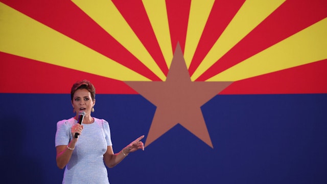 Arizona Republican gubernatorial candidate Kari Lake speaks during a get out the vote campaign rally on November 05, 2022 in Scottsdale, Arizona.