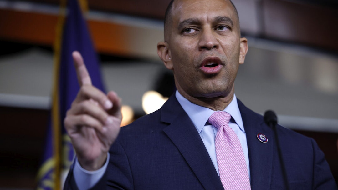 Rep. Hakeem Jeffries (D-NY) (C) holds a news conference after he was elected leader of the 118th Congress by the House Democratic caucus at the U.S. Capitol Visitors Center on November 30, 2022 in Washington, DC.