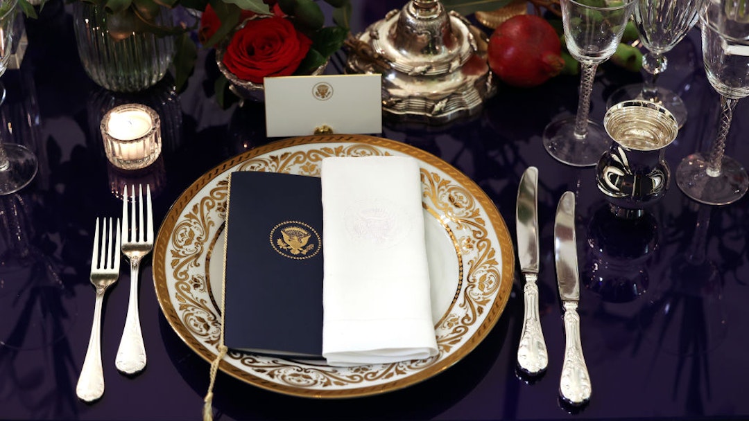 WASHINGTON, DC - NOVEMBER 30: A place setting is seen during a media preview for the upcoming State Dinner for French President Macron, at the White House on November 30, 2022 in Washington, DC. U.S. President Joe Biden will host French President Emmanuel Macron and his wife Brigitte Macron for a State visit tomorrow at the White House. (Photo by