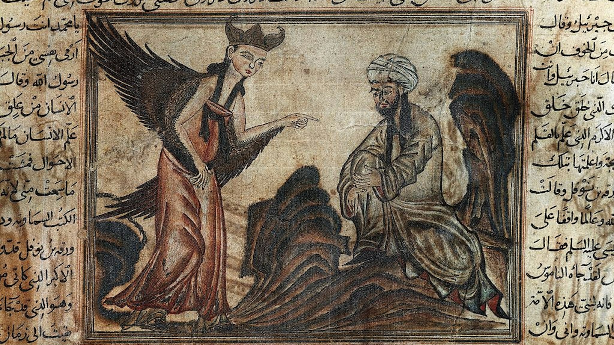 UNSPECIFIED - CIRCA 2003: Muhammad and the Archangel Gabriel, miniature from miniature from Jami' al-Tavarikh (The Universal History or Compendium of Chronicles), by Rashid Al-Din (1247-1318), manuscript or 20, folio 45, verso, vellum, ca 1307. 14th century. Edinburgh, University Library (Photo by DeAgostini/Getty Images)