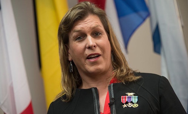 Transgender former US Navy Seal Senior Chief Kristin Beck speaks during a conference entitled "Perspectives on Transgender Military Service from Around the Globe" organized by the American Civil Liberties Union (ACLU) and the Palm Center in Washington on October 20, 2014.