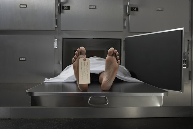 Cadaver on autopsy table, label tied to toe - stock photo
