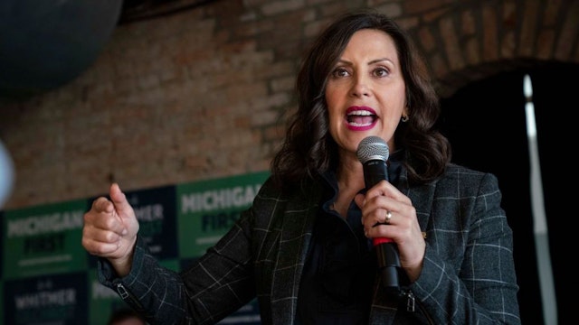 PONTIAC, MI - NOVEMBER 06: Michigan Governor Gretchen Whitmer speaks to supporters at a rally at the Crofoot Ballroom on November 6, 2022 in Pontiac, Michigan. (Photo by Sarah Rice/Getty Images)