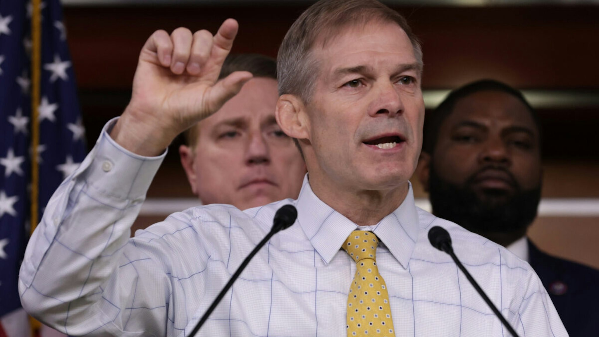 Flanked by House Republicans, U.S. Rep. Jim Jordan (R-OH) speaks during a news conference at the U.S. Capitol on November 17, 2022 in Washington, DC.