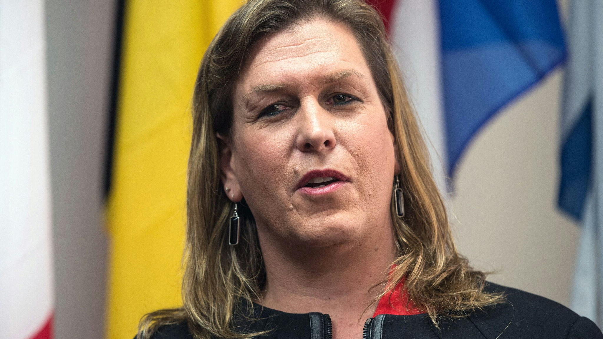 Transgender former US Navy Seal Senior Chief Kristin Beck speaks during a conference entitled "Perspectives on Transgender Military Service from Around the Globe" organized by the American Civil Liberties Union (ACLU) and the Palm Center in Washington on October 20, 2014. Transgender military personnel from 18 countries who allow them to serve openly, gathered to talk about their experiences and discuss whether the US military could join them.