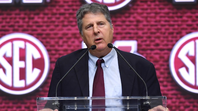 ATLANTA, GA - JULY 19: Mississippi State Bulldogs Head Coach Mike Leach addresses the media during the SEC Football Kickoff Media Days on July 19, 2022, at the College Football Hall of Fame in Atlanta, GA.