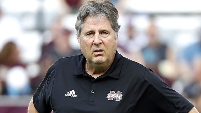 COLLEGE STATION, TEXAS - OCTOBER 02: Head coach Mike Leach of the Mississippi State Bulldogs watches his playeres warm up before playing the Texas A&amp;M Aggies at Kyle Field on October 02, 2021 in College Station, Texas.