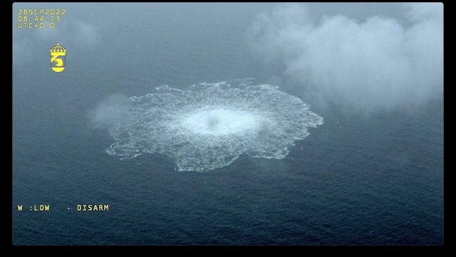 A screen grab from Danish Defense shows a gas leak causes bubbles on the surface of the water at Sea in Sweden on September 30, 2022. A fourth leak was reported Thursday in the Nord Stream gas pipelines off the coast of Sweden, authorities said. "There are two emissions in the Swedish economic zone, a larger one at Nord Stream 1 and a smaller one at Nord Stream 2," the Swedish Coast Guard said in a press statement. (Photo by Swedish Coast Guard Handout /Anadolu Agency via Getty Images)