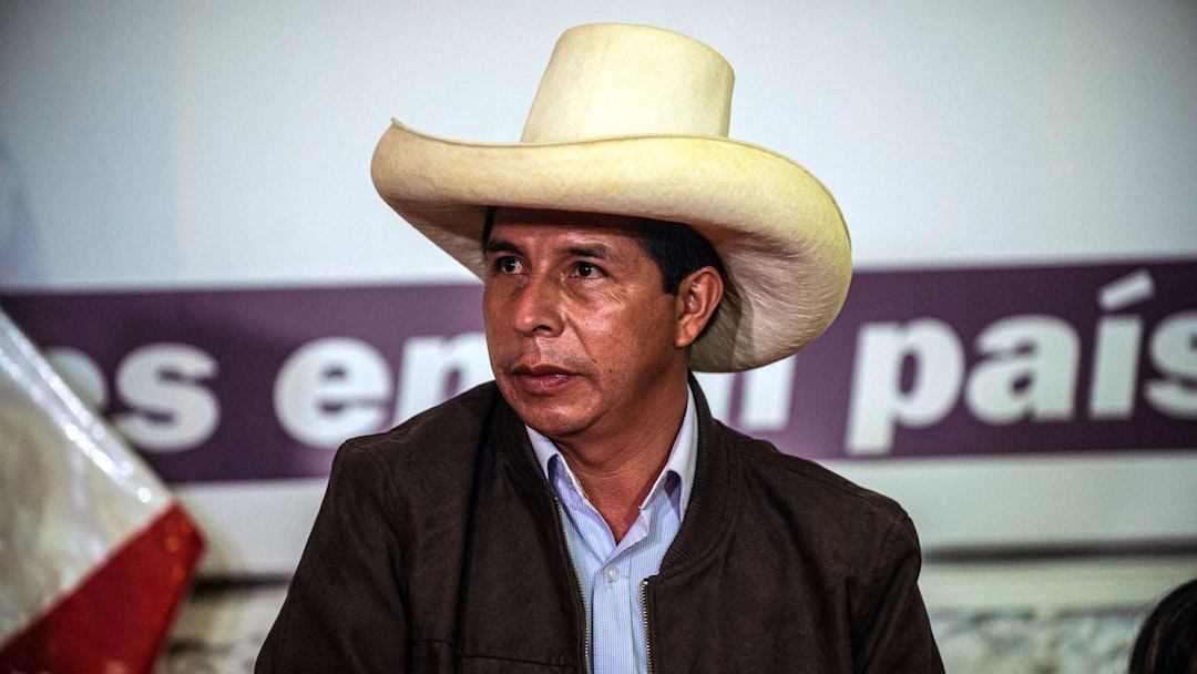 Peru's leftist presidential candidate Pedro Castillo, of the Peru Libre party, speaks during a press conference with the foreign press association at his party's headquarters in Lima on June 15, 2021. - Castillo, narrowly leading in the vote count, rejected calls from the right-wing camp for elections held nine days ago to be annulled. "The calls continue for an election to be annulled," Castillo told foreign journalists, adding: "we are patiently awaiting a result" even as his rival Keiko Fujimori has claimed fraud and members of her entourage have called for new elections to be held.