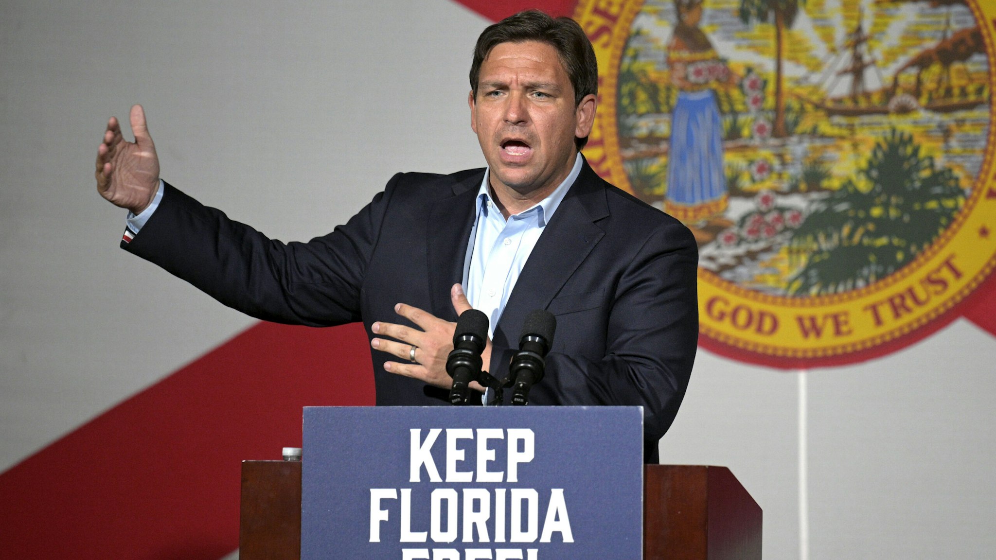 ORLANDO, FL-NOVEMBER 7: Florida Gov. Ron DeSantis addresses supporters during a rally for himself and Sen. Marco Rubio, R-FL, Monday, November 7, 2022 in Orlando, Florida.