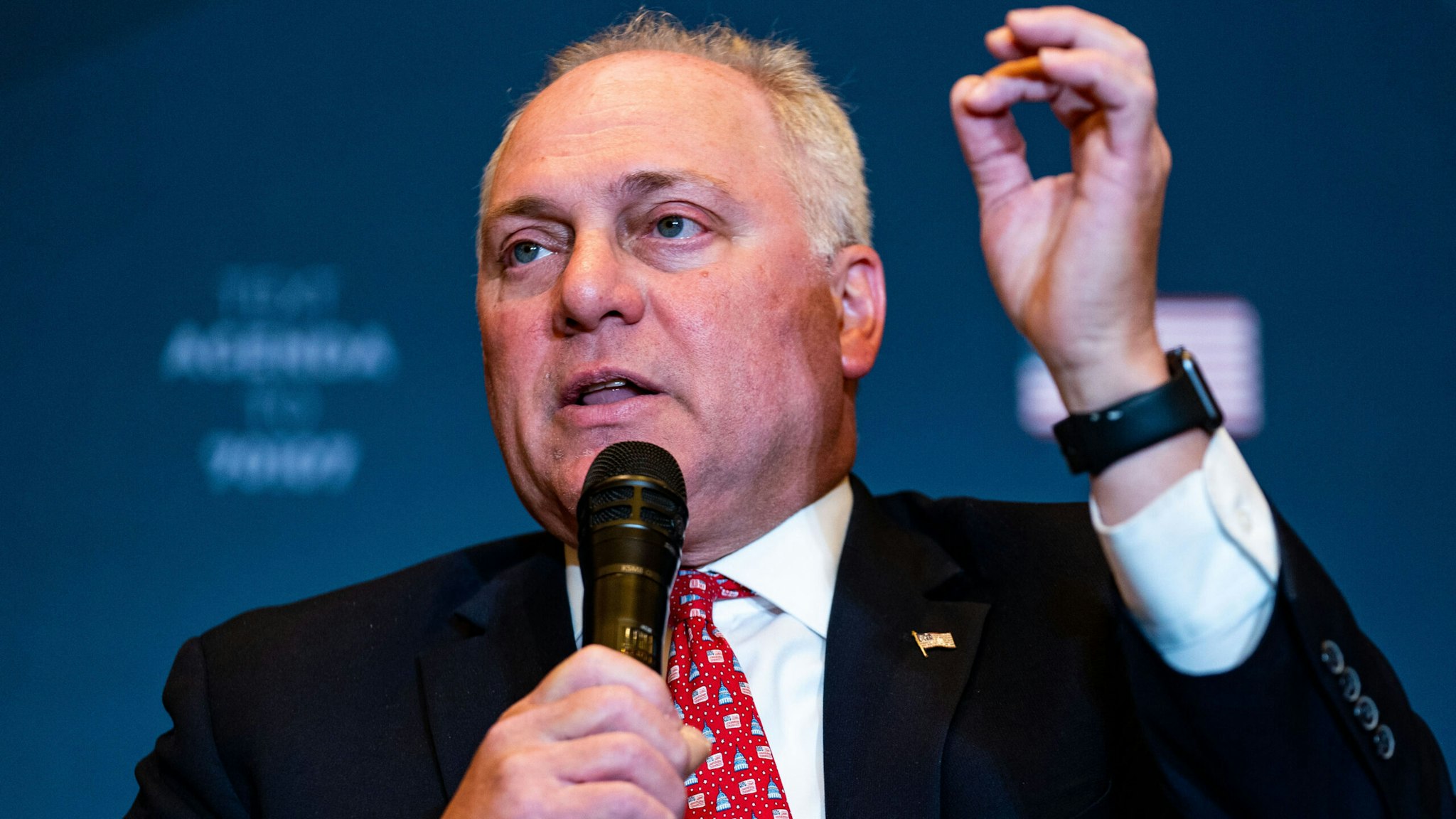 WASHINGTON, DC - JULY 26: House Minority Whip Steve Scalise (R-LA) gestures while speaking during a panel at the America First Policy Institute's America First Agenda summit at the Marriott Marquis on Tuesday, July 26, 2022 in Washington, DC.The non-profit think tank was formed last year by former cabinet members and top officials in the Trump administration to create platforms based on his policies.