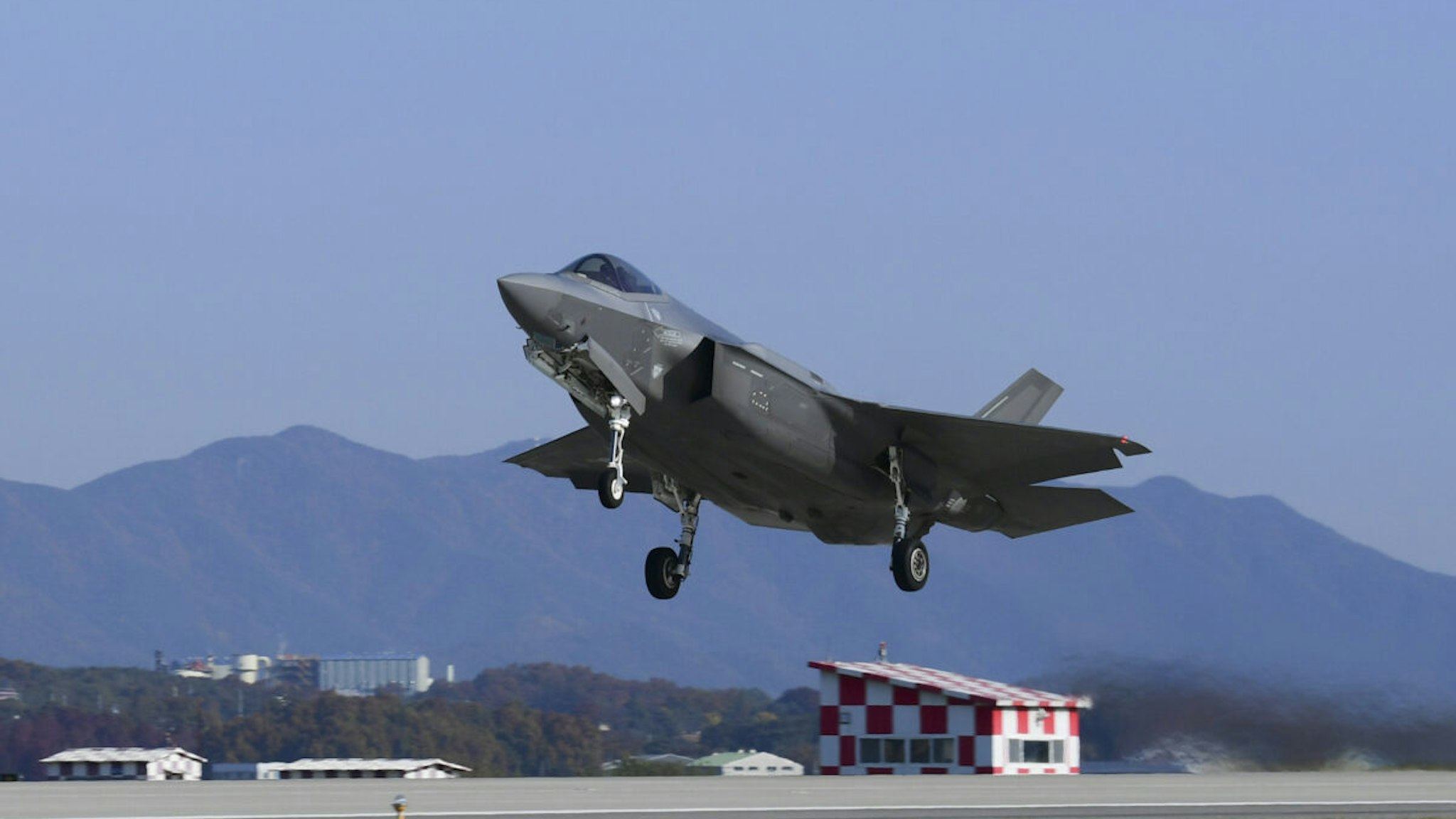 In this handout image released by the South Korean Defense Ministry, a South Korean Air Force F-35A fighter jet takes off from the runway during the "Vigilant Storm" U.S.-South Korea joint aerial drill at Gunsan Air Base on October 31, 2022 in Gunsan, South Korea