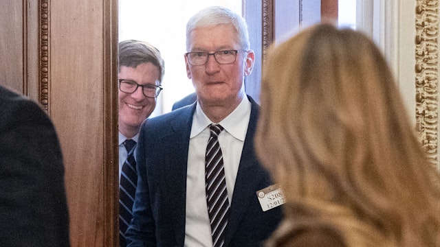 UNITED STATES - DECEMBER 1: Apple CEO Tim Cook leaves Sen. John Thunes Republican Whip office in the Capitol on Thursday, December 1, 2022.