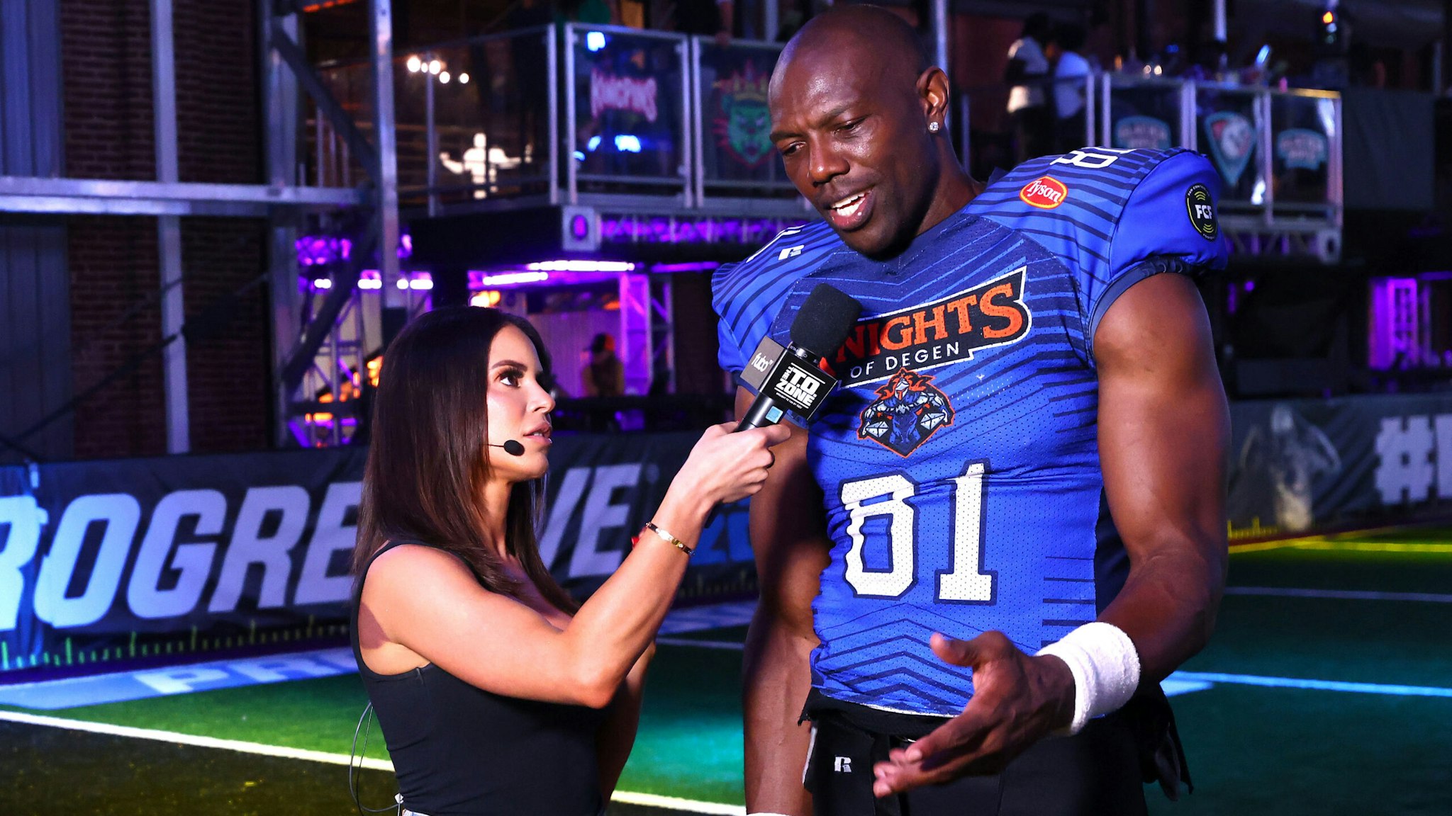 ATLANTA, GEORGIA - MAY 28: Terrell Owens #81 of the Knights of Degen is interviewed after playing the 8OKI during Fan Controlled Football Season v2.0 - Week Seven on May 28, 2022 in Atlanta, Georgia.