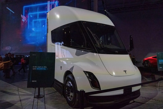 The Tesla Semi is on display at the Tesla Giga Texas manufacturing facility during the "Cyber Rodeo" grand opening party on April 7, 2022 in Austin, Texas