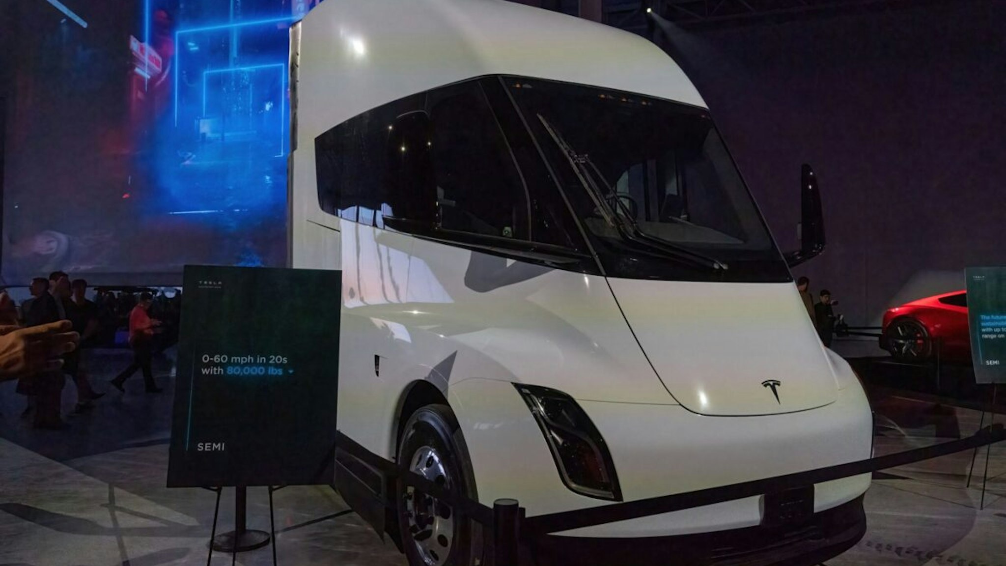 The Tesla Semi is on display at the Tesla Giga Texas manufacturing facility during the "Cyber Rodeo" grand opening party on April 7, 2022 in Austin, Texas