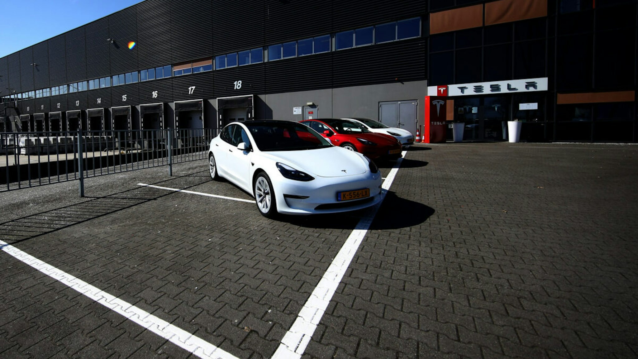 A general view of the Tesla Assembly plant building which also does vehicle delivery and has a service centre, on March 29, 2021 in Tilburg, Netherlands