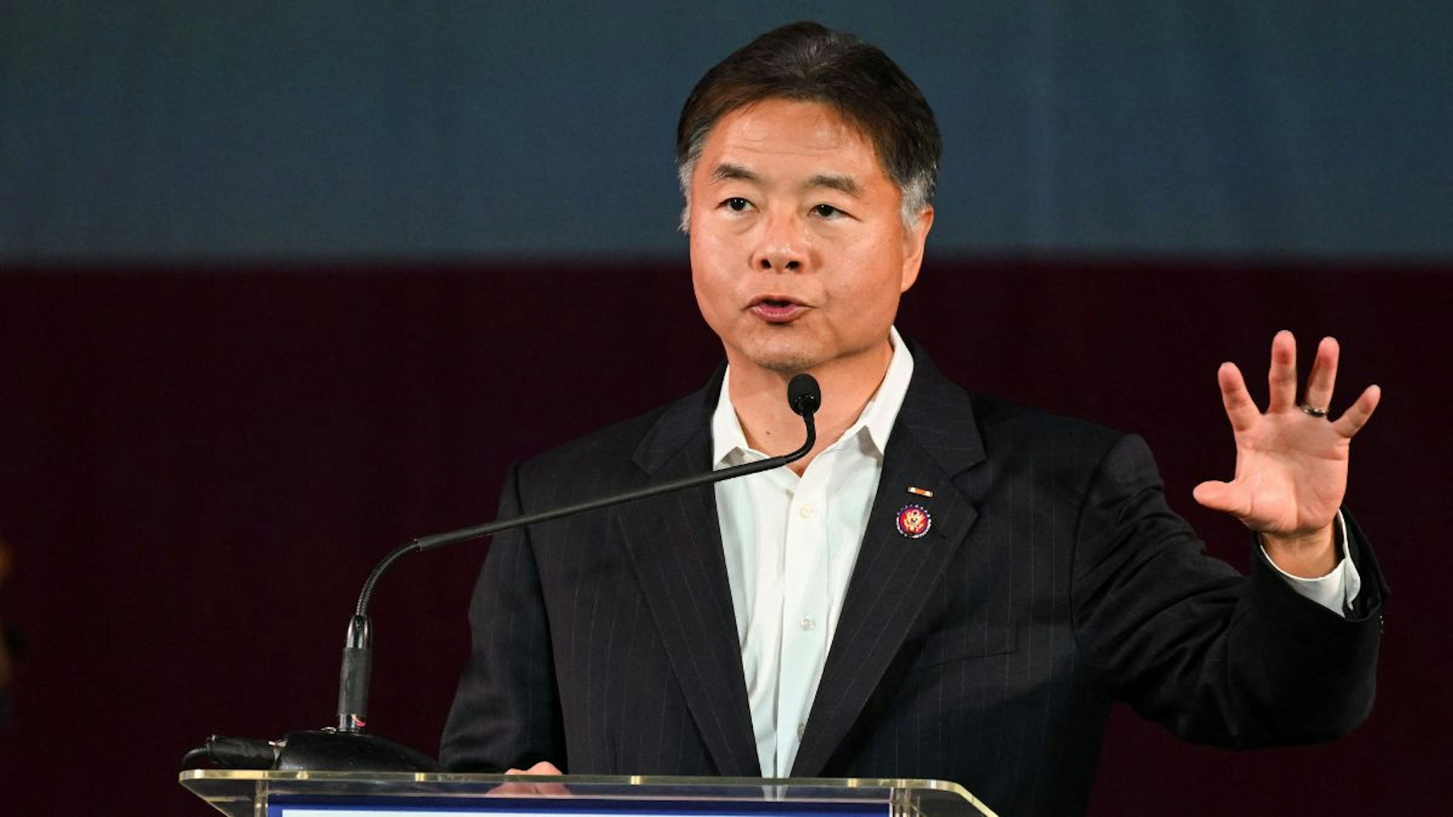 US Rep. Ted Lieu (D-CA) speaks during an election night party with the Los Angeles County Democratic Party at the Hollywood Palladium in Los Angeles, November 8, 2022.