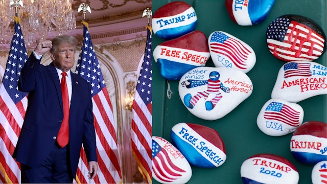 PALM BEACH, FLORIDA - NOVEMBER 15: Former U.S. President Donald Trump gestures during an event at his Mar-a-Lago home on November 15, 2022 in Palm Beach, Florida. Trump announced that he was seeking another term in office and officially launched his 2024 presidential campaign. PHOENIX - SEPTEMBER 24: Hand painted rocks at a watch party regarding the results of the Arizona State Senate report of an audit of the 2020 election at the Arizona State Capitol in Phoenix, Arizona, U.S. on September 24, 2021.