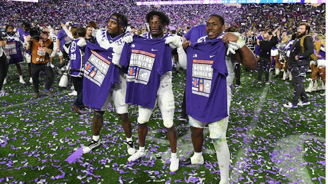 GLENDALE, ARIZONA - DECEMBER 31: The TCU Horned Frogs celebrate after defeating the Michigan Wolverines in the Vrbo Fiesta Bowl at State Farm Stadium on December 31, 2022 in Glendale, Arizona.