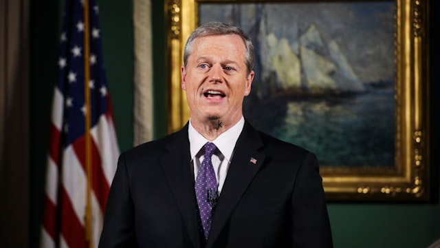 Governor Charlie Baker delivers his televised State of The Commonwealth Address from his ceremonial State House office in Boston on Jan. 26, 2021.