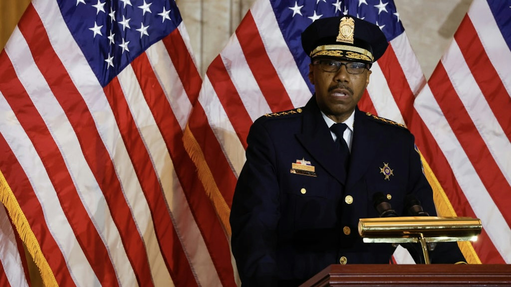 WASHINGTON, DC - DECEMBER 06: District of Columbia Police Chief Robert Contee delivers remarks during a Congressional Gold Medal Ceremony for U.S. Capitol Police and D.C. Metropolitan Police officers in the Rotunda of the U.S. Capitol Building on December 6, 2022 in Washington, DC. Bipartisan and bicameral leadership held the ceremony to award the Congressional Gold Medals to law enforcement officers who protected the U.S. Capitol Building on January 6, 2021. Senate Majority Leader Chuck Schumer (D-NY) and House Minority Leader Kevin McCarthy (R-CA) also attended ceremony. (Photo by Anna Moneymaker/Getty Images) Congressional Gold Medal Ceremony Held To Honor Capitol Police WASHINGTON, DC - DECEMBER 06: District of Columbia Police Chief Robert Contee delivers remarks during a Congressional Gold Medal Ceremony for U.S. Capitol Police and D.C. Metropolitan Police officers in the Rotunda of the U.S. Capitol Building on December 6, 2022 in Washington, DC. Bipartisan and bicameral leadership held the ceremony to award the Congressional Gold Medals to law enforcement officers who protected the U.S. Capitol Building on January 6, 2021. Senate Majority Leader Chuck Schumer (D-NY) and House Minority Leader Kevin McCarthy (R-CA) also attended ceremony. (Photo by Anna Moneymaker/Getty Images) Anna Moneymaker / Staff Photo by Anna Moneymaker/Staff/Getty Images