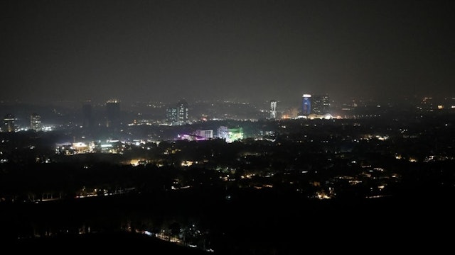 PAKISTAN-ENERGY-POWER An aerial view shows Pakistan's capital Islamabad during a nationwide power outage on January 23, 2023. - A massive power breakdown in Pakistan on January 23 affected most of the country's more than 220 million people, including in the mega cities of Karachi and Lahore. (Photo by Aamir QURESHI / AFP) (Photo by AAMIR QURESHI/AFP via Getty Images) AAMIR QURESHI / Contributor