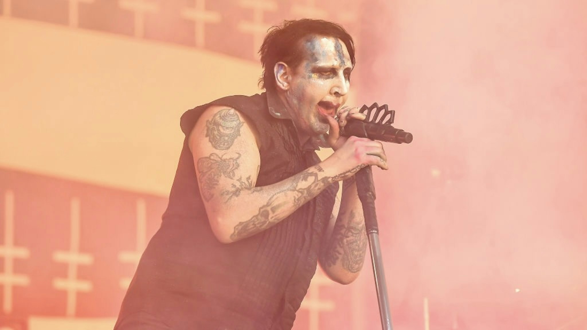 2019 Aftershock Music Festival SACRAMENTO, CA - OCTOBER 12: Singer Marilyn Manson performs on Day 2 of the 2019 Aftershock Music Festival at Discovery Park on October 12, 2019 in Sacramento, California. (Photo by Steve Jennings/WireImage) Steve Jennings / Contributor Photo by Steve Jennings/Contributor/WireImage via Getty Images