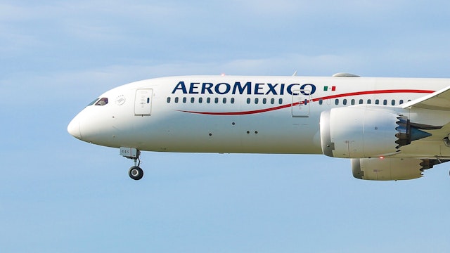 Aeromexico Boeing 787 Dreamliner passenger aircraft as seen flying on final approach for landing at New York JFK John F Kennedy International Airport. The modern and advanced wide body, long haul airplane has the registration N446AM and is powered by 2x GE jet engines. Aerovías de México AMX AM or AEROMEXICO is the Mexican flag carrier airline based in Mexico City. The airline is member of SkyTeam aviaiton alliance. During the Coronavirus COVID-19 pandemic the aviation industry faced a decline in passenger traffic numbers but increased cargo demand although the airlines grounded a significant number of planes of their fleet. New York, USA on February 2020