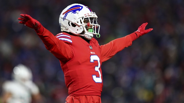 ORCHARD PARK, NY - DECEMBER 17: Damar Hamlin #3 of the Buffalo Bills celebrates after a play during the first quarter of an NFL football game against the Miami Dolphins at Highmark Stadium on December 17, 2022 in Orchard Park, New York.