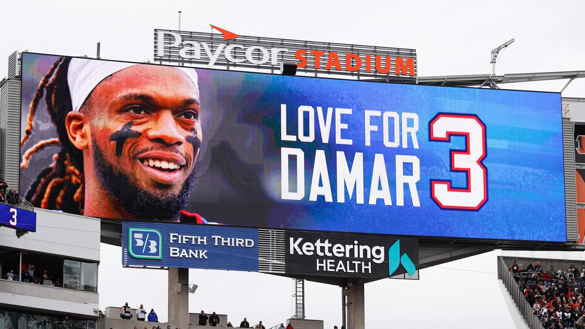Love for Damar is displayed on the scoreboard for Buffalo Bills Damar Hamlin before the game against the Baltimore Ravens and the Cincinnati Bengals on January 8, 2023, at Paycor Stadium in Cincinnati, OH.