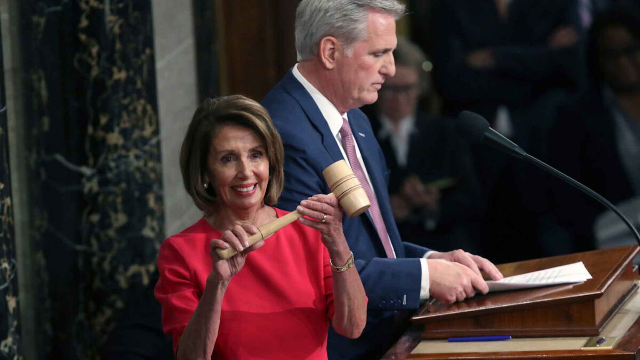 Speaker of the House Nancy Pelosi (D-CA) receives the gavel from Rep. Kevin McCarthy (R-CA) during the first session of the 116th Congress at the U.S. Capitol January 03, 2019 in Washington, DC. Under the cloud of a partial federal government shutdown, Pelosi reclaimed her former title as speaker and her fellow Democrats took control of the House of Representatives for the second time in eight years.