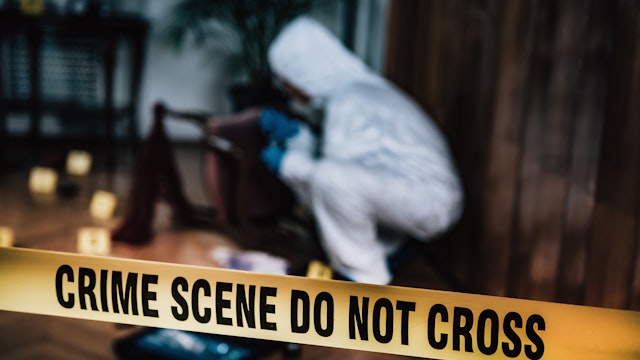High Angle View Of Do Not Enter Sign In Crime Scene - stock photo
