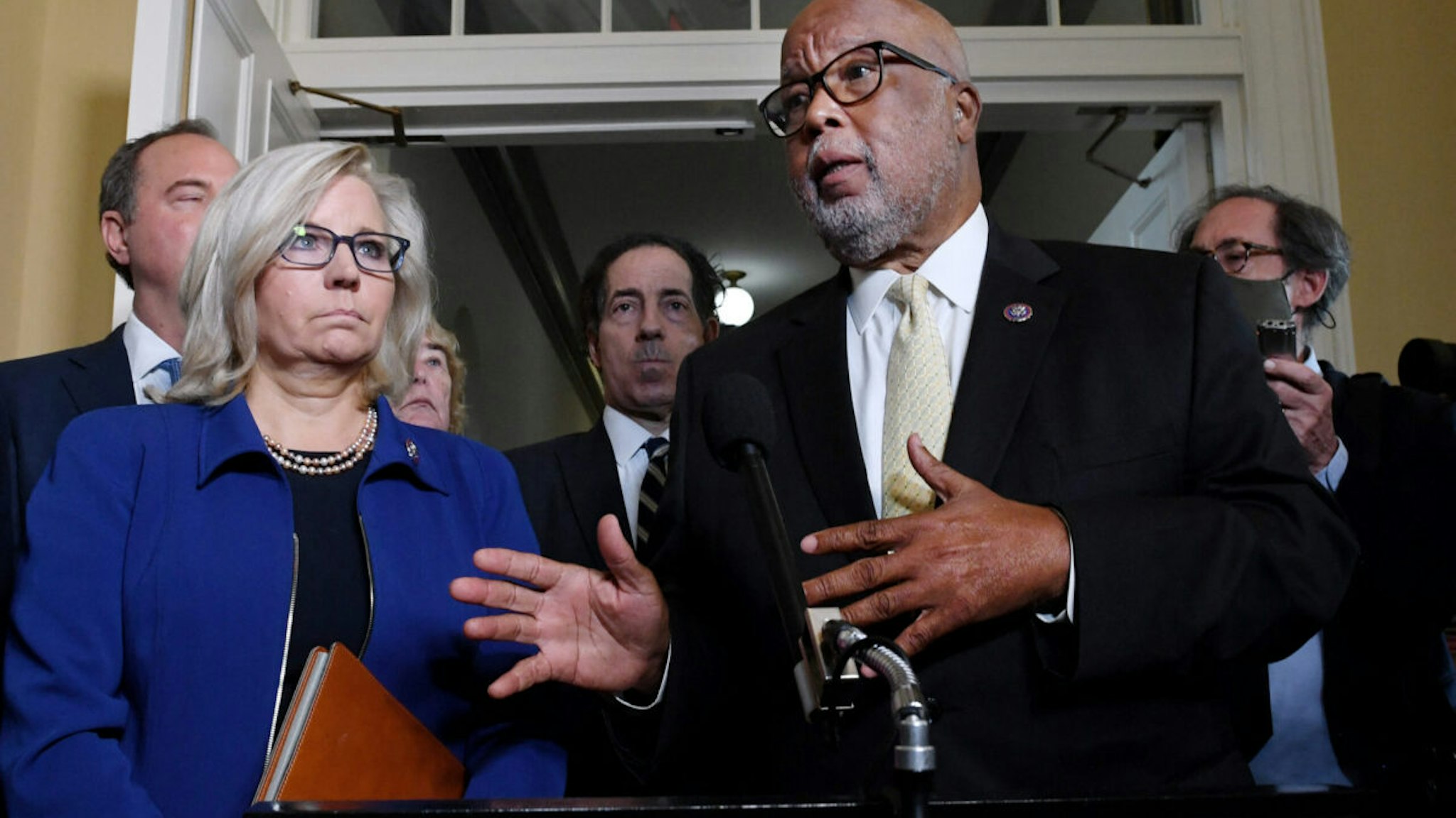 Chairman Rep. Bennie Thompson, D-MS next to Rep. Liz Cheney, R-WY, and flanked by other members of Congress,speaks to the media following testimony during the Select Committee to Investigate the January 6th Attack on the US Capitol adjourned their first hearing on Capitol Hill in Washington, DC, on July 27, 2021.