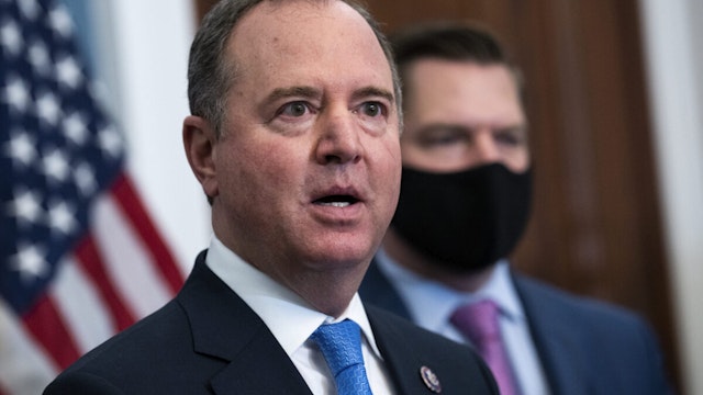 Rep. Adam Schiff, D-Calif., left, and Rep. Eric Swalwell, D-Calif., conduct a news conference in the U.S. Capitol on the Russia-Ukraine crisis on Wednesday, February 23, 2022.