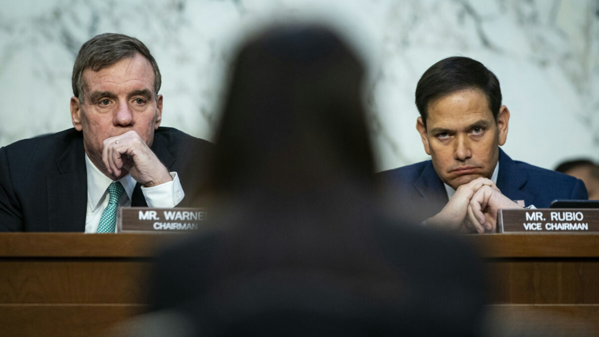 Senator Mark Warner, a Democrat from Virginia and chairman of the Senate Intelligence Committee, and Senator Marco Rubio, a Republican from Florida and ranking member of the Senate Intelligence Committee, during a hearing in Washington, D.C., U.S., on Thursday, March 10, 2022.