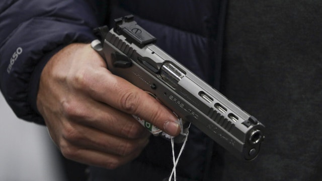 "Sarsilmaz" pistol made by Turkish company Sarsilmaz Firearms Corp exhibited at The Nation's Gun Show expo at the Dulles Expo Center in Chantilly, Virginia, United States on December 30, 2022.
