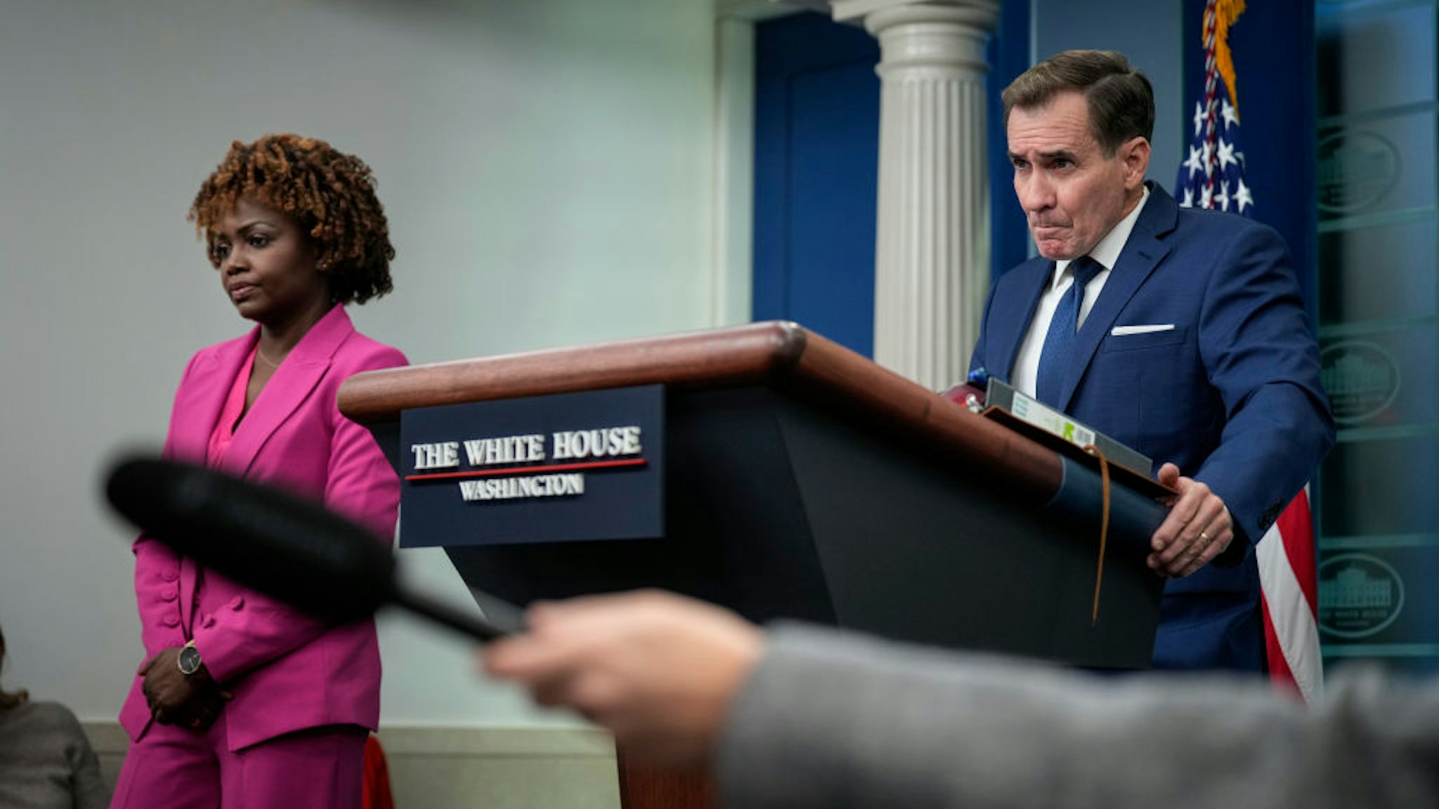 WASHINGTON, DC - JANUARY 6: (L-R) White House Press Secretary Karine Jean-Pierre and Coordinator for Strategic Communications at the National Security Council John Kirby take questions during the daily press briefing at the White House January 6, 2023 in Washington, DC. Jean-Pierre and Kirby discussed the conflict in Ukraine and President Biden's upcoming trip to the U.S.-Mexico border. (Photo by Drew Angerer/Getty Images)