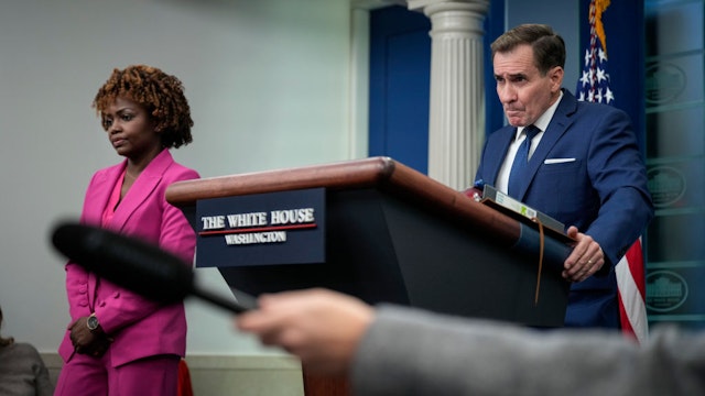WASHINGTON, DC - JANUARY 6: (L-R) White House Press Secretary Karine Jean-Pierre and Coordinator for Strategic Communications at the National Security Council John Kirby take questions during the daily press briefing at the White House January 6, 2023 in Washington, DC. Jean-Pierre and Kirby discussed the conflict in Ukraine and President Biden's upcoming trip to the U.S.-Mexico border. (Photo by Drew Angerer/Getty Images)