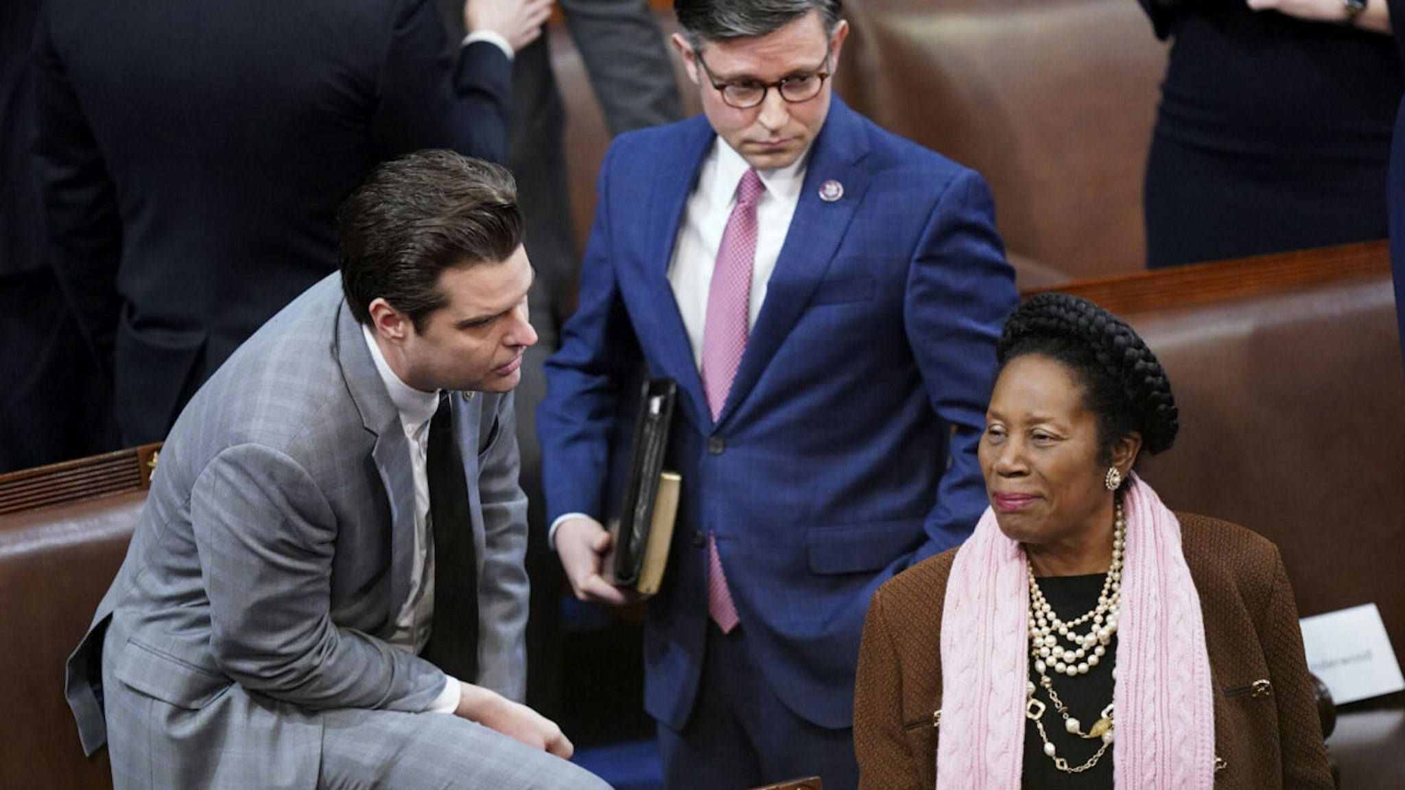 Democrat Sheila Jackson Lee of Texas talks with Republican Matt Gaetz of Florida during a meeting of the 118th Congress, Friday, January 6, 2023, at the U.S. Capitol in Washington DC.