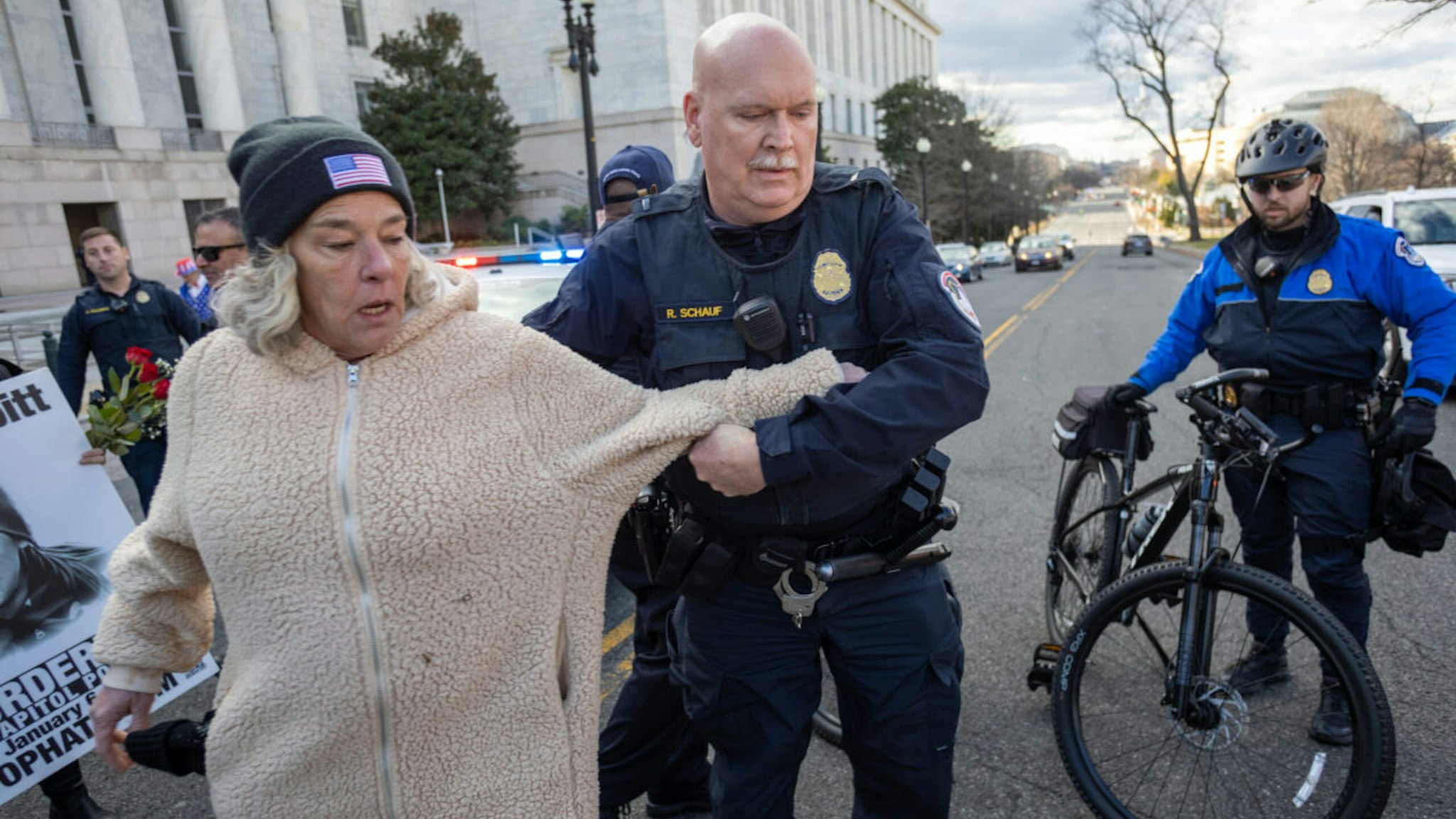 Micki Witthoeft, the mother of Ashli Babbitt, was arrested while walking in the street around the U.S. Capitol on January 6, 2023, the two year anniversary of the death of her daughter, the pro-Trump rioter who was killed when she stormed the U.S. Capitol.