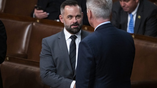 Rep.-elect Cory Mills, R-Fla., left, talks with Republican Leader Kevin McCarthy, R-Calif., on the House floor after a vote in which McCarthy did not receive enough votes for Speaker of House on Friday, January 6, 2023.